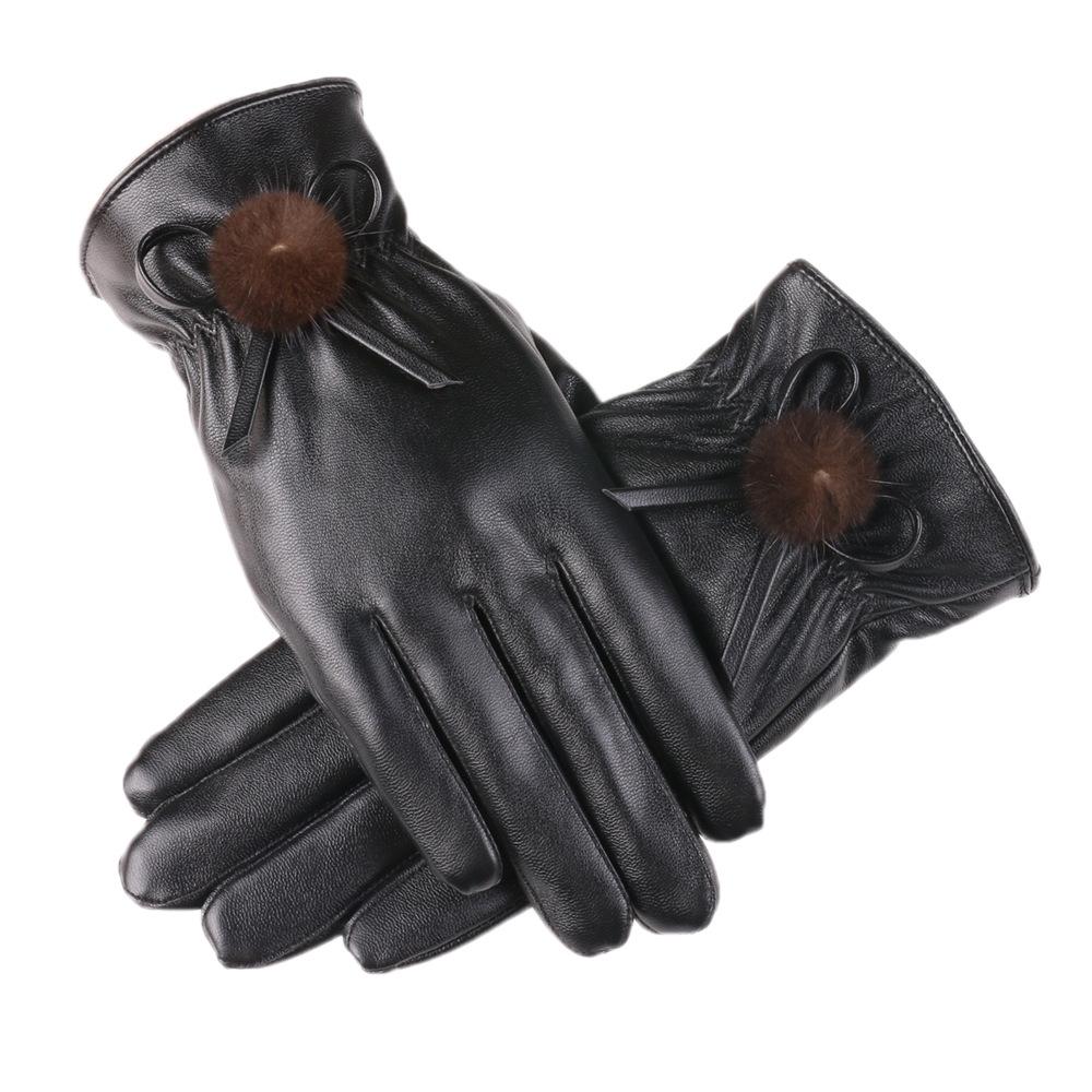 Autumn and Winter Gloves for Women PU Leather Gloves Bow Plus Velvet Thickened Outdoor Driving Touch Screen Warm Gloves