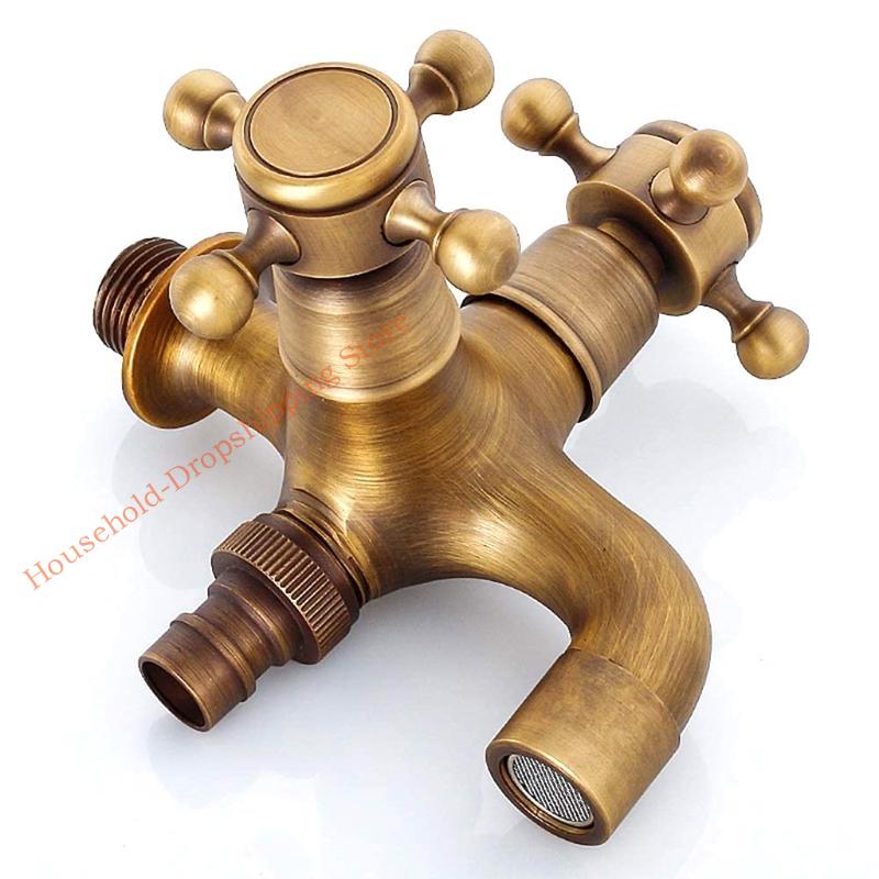 85AD Brass Bathroom Sink Faucets Washing Machine Mop Pool Faucet 2 Switches 2 Water Outlets Bathtub Garden Antique