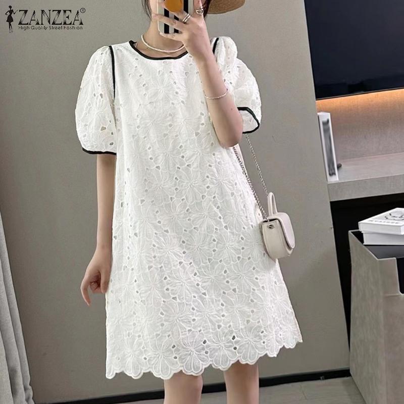 

ZANZEA Ежедневное повседневное женское летнее платье с кружевным круглым вырезом и коротким рукавом