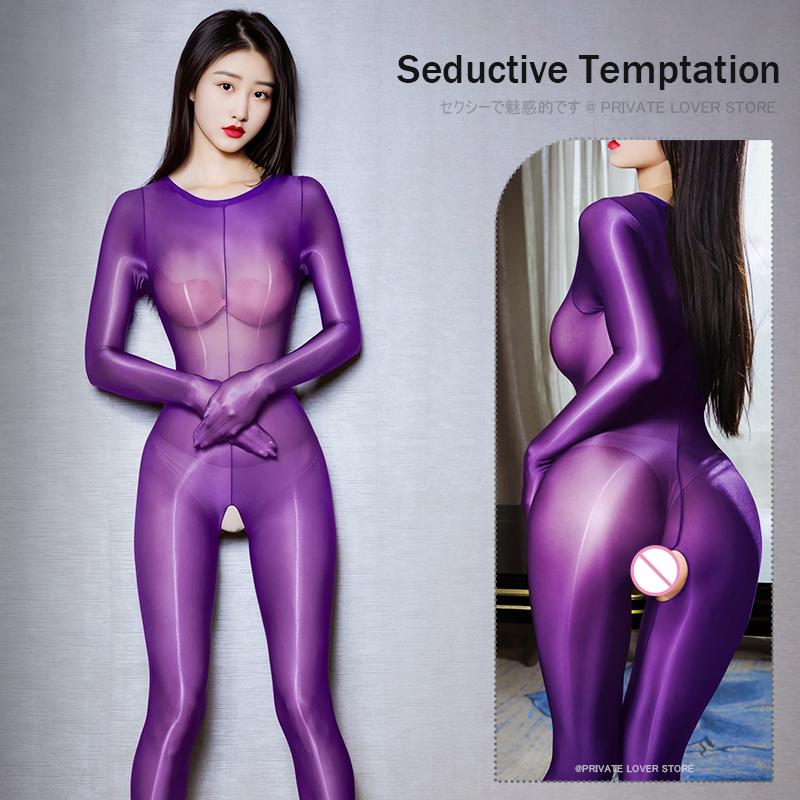 Sexy Oil Shiny Glossy Bodysuit Women See Through Open Crotch Jumpsuitbody Stockings Leotard Erotic Lingerie Sm Sex Porno Costume