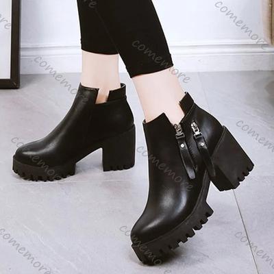 Μοντέρνες Μποτάκια Ankle με Ψηλό Τακούνι για Γυναίκες Άνοιξη Νέα Μόδα Παχύ Τακούνι Πλατφόρμα Δερματίνη Κοντές Μποτάκια Γυναικείες Φερμουάρ Botas