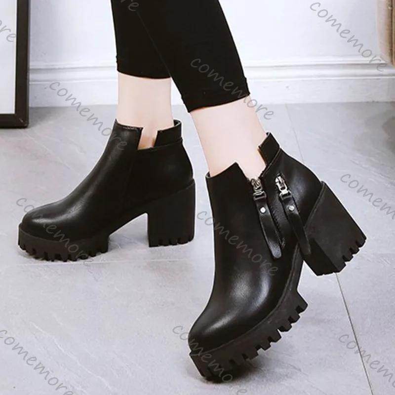 Fashion Comemore High Heels Ankle Boots for Women Spring New Fashion Thick Heel Pu Leather Platform Short Booties Ladies Zipper Botas