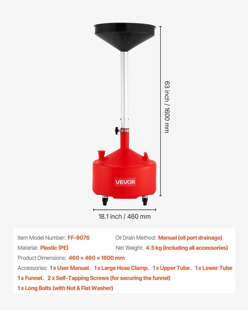 30L Waste Oil Drain Tank, Industrial Fluid Drain Tank with Adjustable Funnel Height, Portable Oil Drainer with Wheels, Fluid Fuel Transfer Drainage