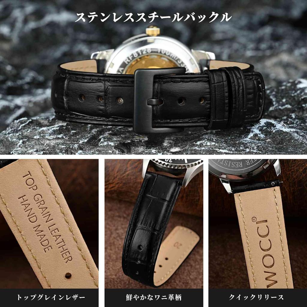 WOCCI 20mm Genuine Leather Watch Top Grain Leather Replacement Quick Release Buckle Crocodile-Embossed Band, Strap, Black/Black