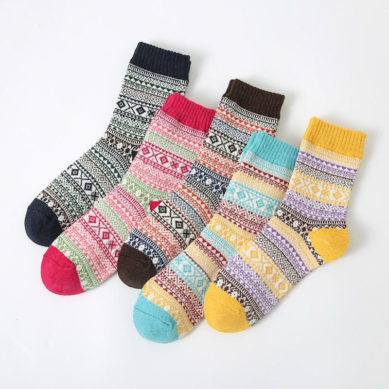 5/10 Pairs Women Double Layer Octagonal Flower Rabbit Wool Socks Autumn Winter Retro Coarse Knit Socks
