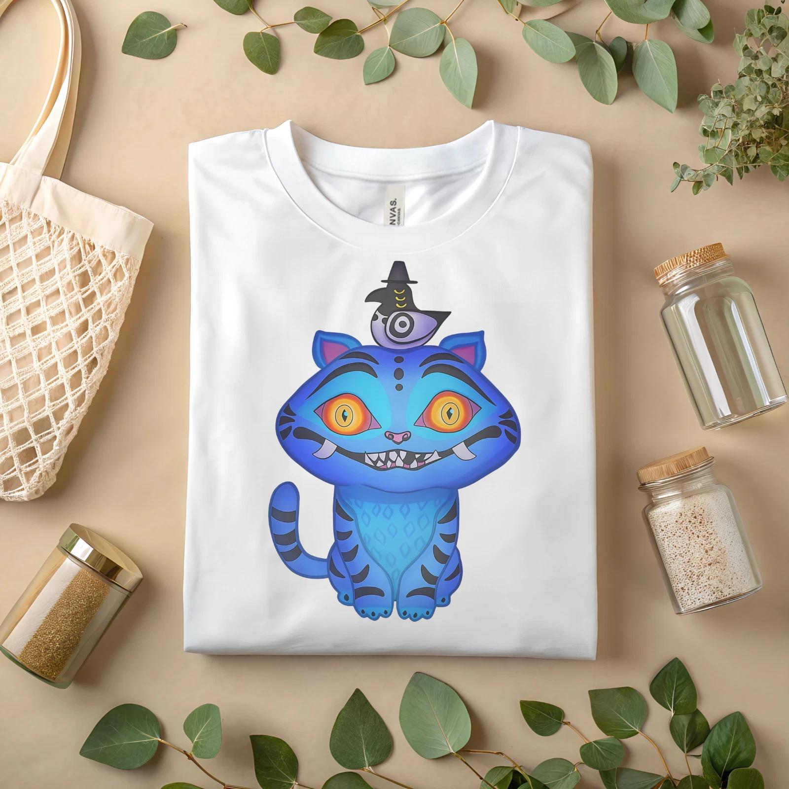 Blue Cartoon Cat Cute Witch Bird Graphic Tee, Halloween Spooky Fun Shirt A313 3XL