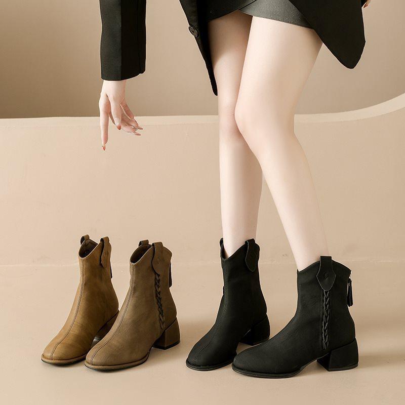 Versatile Coarse Heel Frosted Leather Rear Zipper Retro 2025 Fringed Autumn and Winter New High-heeled Short Boots Martin Boots Short Boots Women