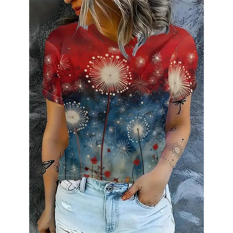 Dandelion Short Sleeve Fashion Women's Crew Neck T-Shirt 3D Dandelion Color Printing Crew Neck Short Sleeve