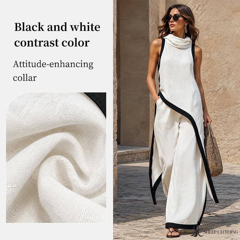Women Color Block Two Piece Set Cowl Neck Sleeveless Asymmetrical Tunic Top Wide Leg Pants Casual Vacation Outfit
