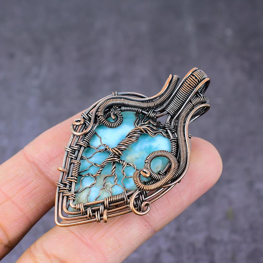 Natural Caribbean Larimar Copper Wire Wrap Tree Of Life Pendant 2.36" f0Y14