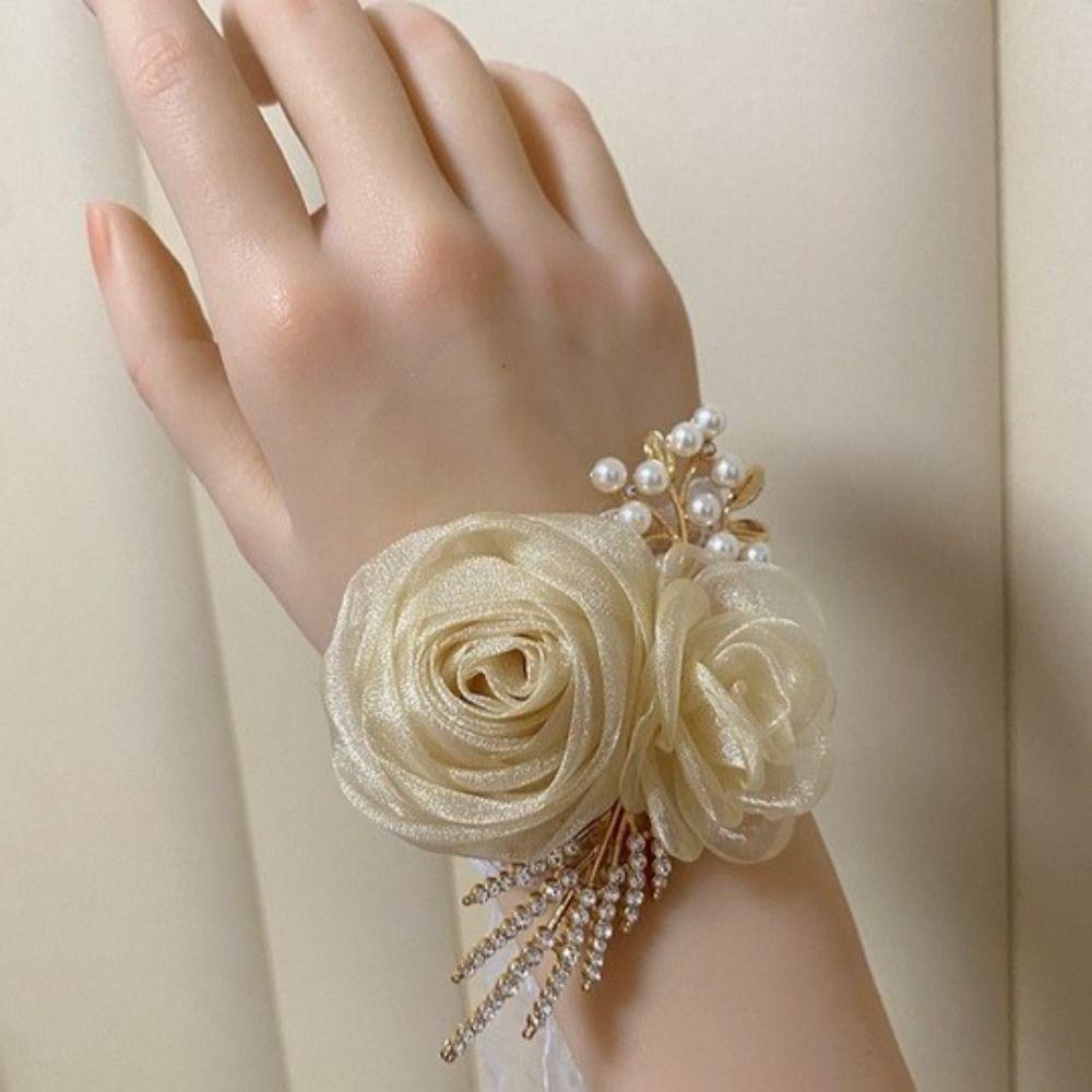 Nádherná květina na zápěstí pro nevěstu Svatba Květina na zápěstí pro družičku Květinový náramek na zápěstí Náramek ze saténové stuhy