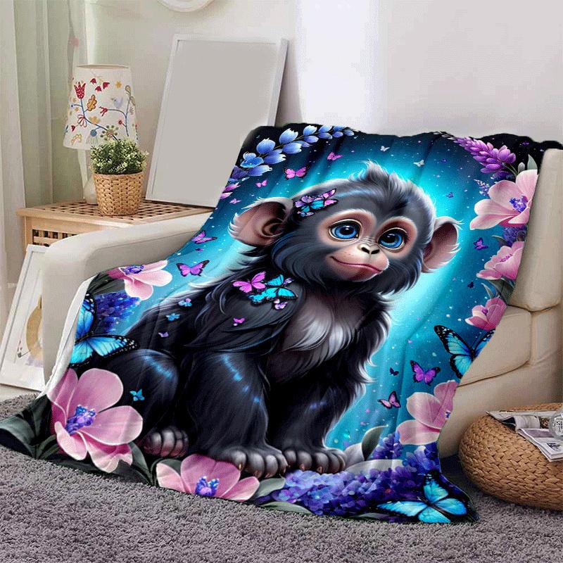 1pc Monkey Printing Lightweight Flannel Blanket, Comfortable and Warm Blanket, for Camping Sofa Bed and Couch Office, Gift