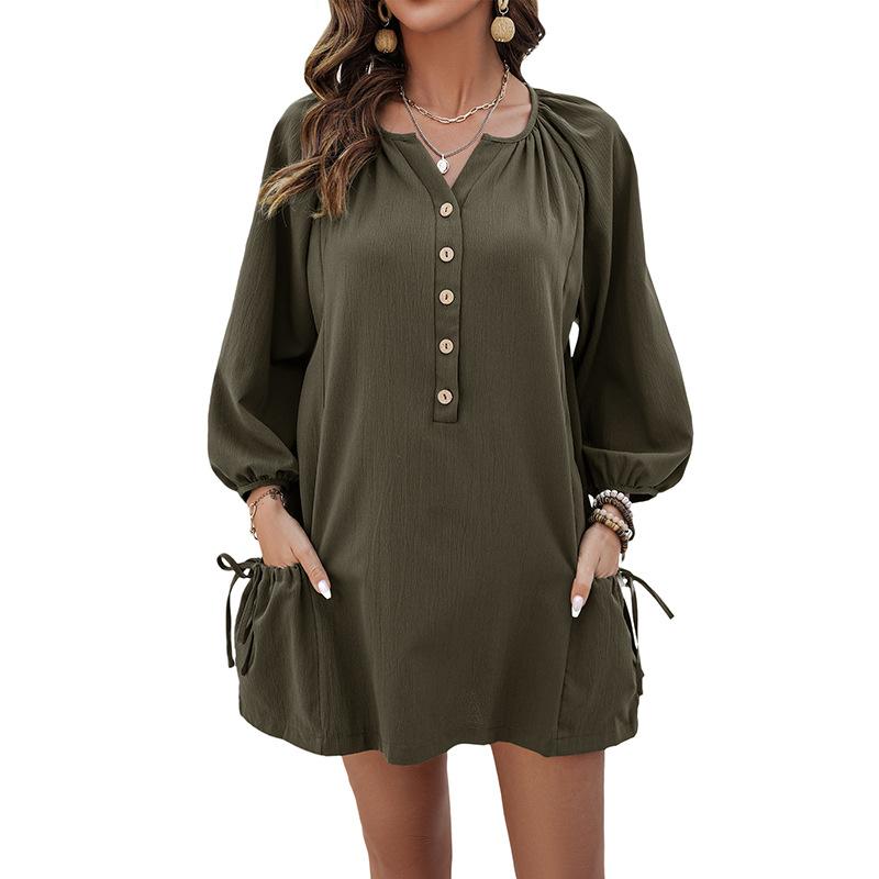 2025 Autumn New Casual Simple Button V-neck Loose Solid Color Long-sleeved Casual Dress