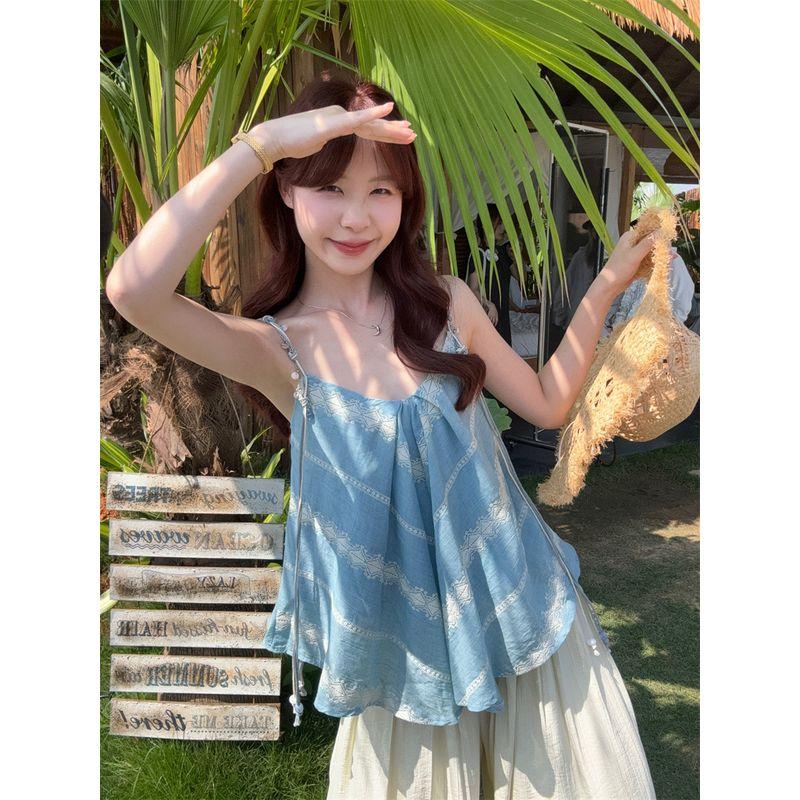 Kumikumi Holiday Style Set Irregular Cami Women Clothes Summer High Waist Loose Casual Pants Two-piece Set