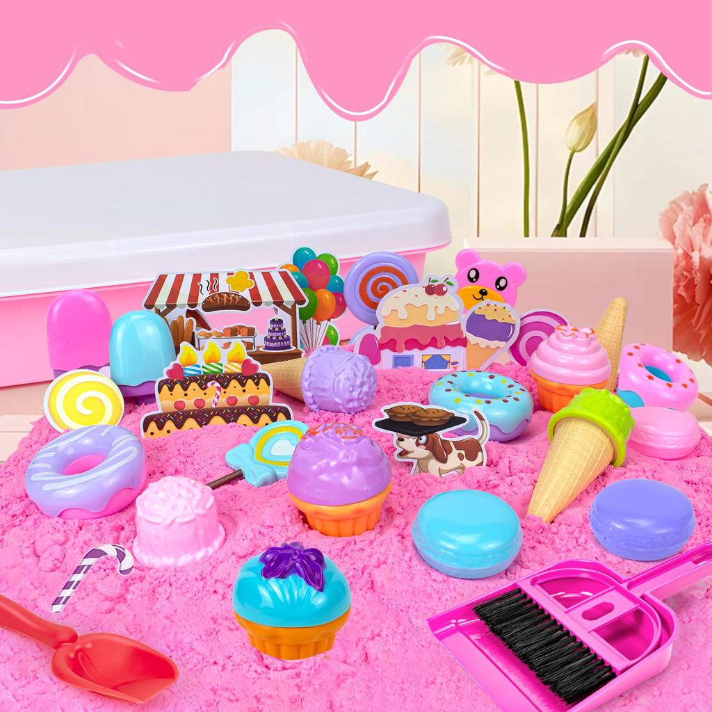 Sand Play Toy Set for Kids, Sand and Clay, Storage Box, Sandbox for Indoor and Outdoor Use, Pink Series, Ice Cream, DIY Model Making, Clay, Girls,