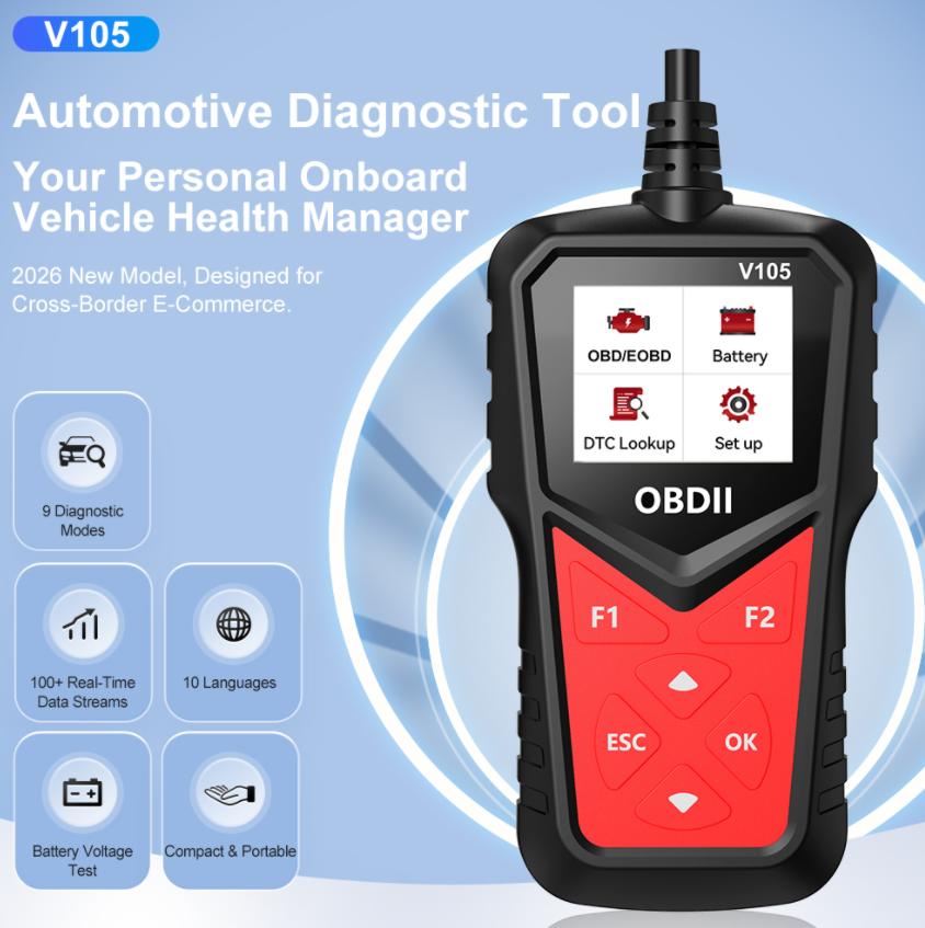 

Automotive Diagnostic Tool – reads fault codes, I/M readiness status, clears fault codes; operates at 9V–16V DC; features a 1.8-inch color display