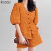 ZANZEA Women Summer V-Neck Bubble Short Sleeve Shirt Pocket Shorts Two Piece Suit Sets