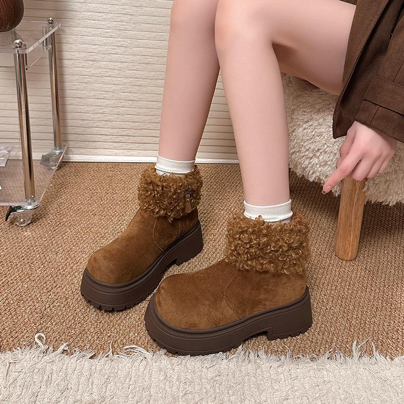 Women's thick-soled winter lightweight furry mouth warm one foot pedal padded snow boots non-slip wear casual sneakers plush cotton boots