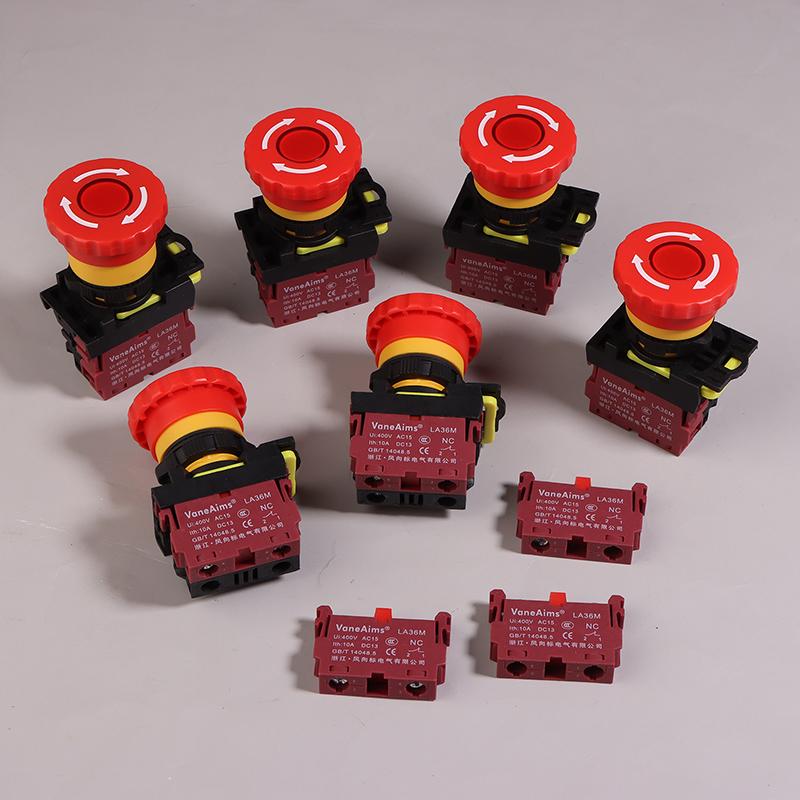 22Mm La36M Emergency Stop Button Switch E-Stop Plastic Mushroom Push Button Switches On Off With Led Light 12V-24V 110V 220-380V