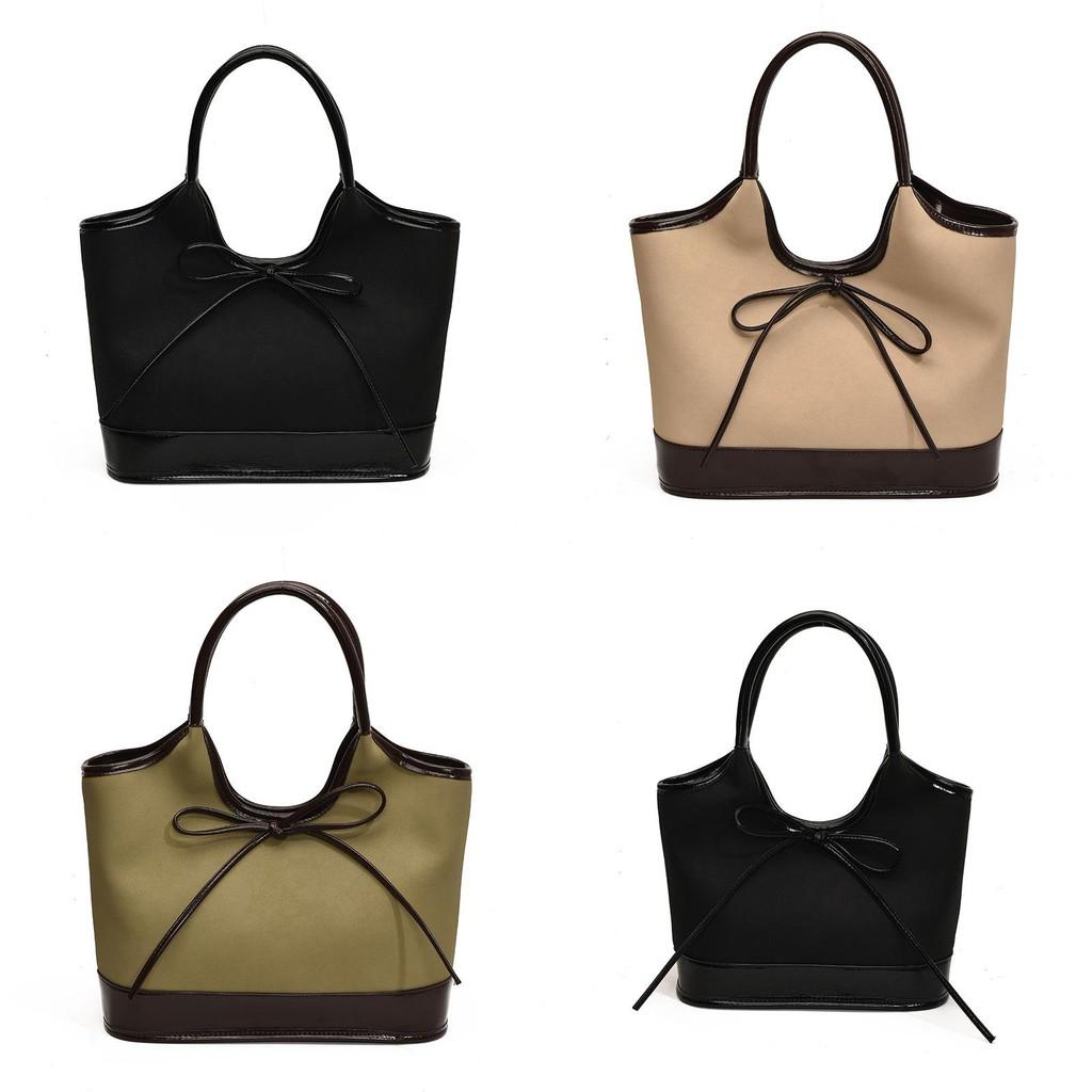 Elegant Color Block Bowknot Large Tote Bag Stylish Pu Shoulder Bag For Everyday Use