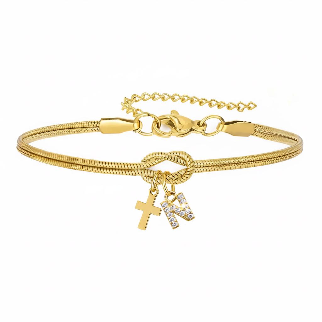 Double Knot Round Snake Bone Bracelet with Diamond 26 Letters Cross Pendant Charm Jewelry