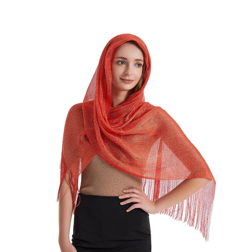 Damen Abend-Schal mit Gold- und Silberfäden und Quasten, Umhang-Design, Leicht mit Trägern, Ausgeschnittenes Bolero-Style.