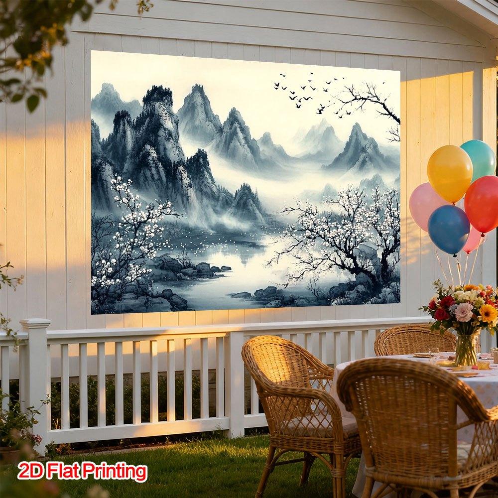 One 2D Chinese ink landscape photo background fabric, made of polyester fabric, suitable for use in homes, gardens or studios.