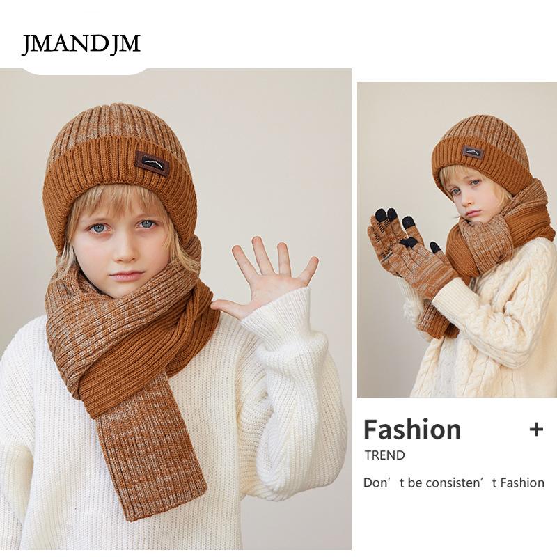 Children's Hat Scarf Gloves Three-piece Winter Boys Outdoor Warm Fleece Knitted Wool Hat