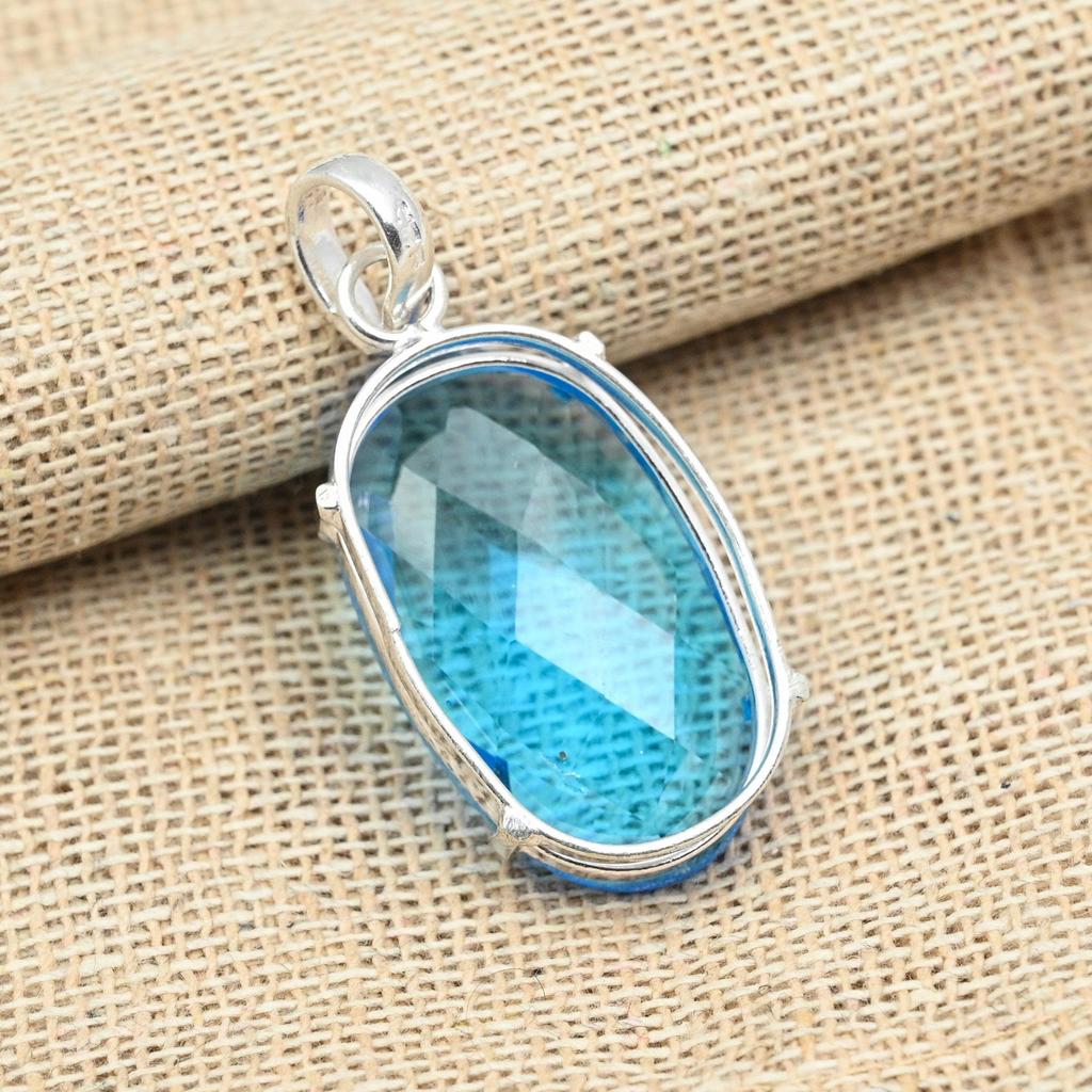 Faceted Blue Topaz Gemstone 925 Sterling Silver Handmade Charming Pendant Jewelry