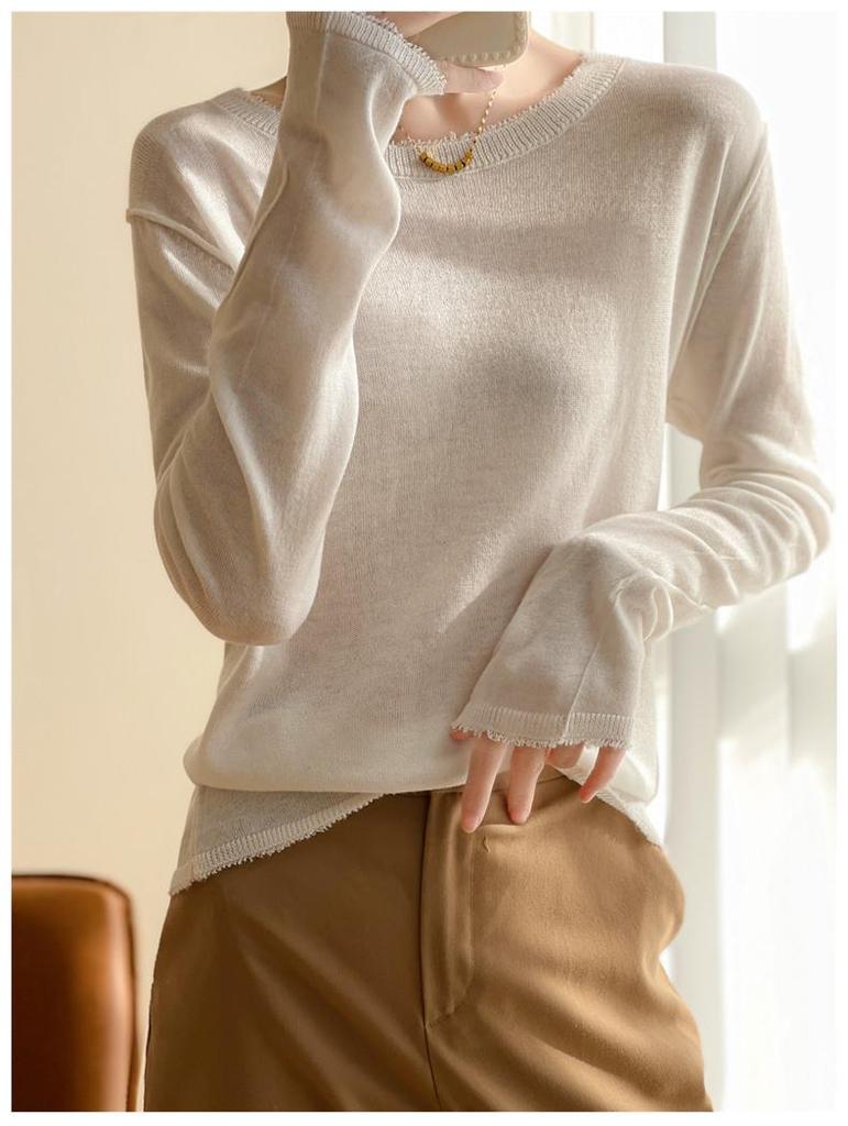 Korean Style Tassel Fine Wool Knit Sweater - Lightly Sheer, Loose Fit, Round Neck, Versatile Base Layer for Spring & Autumn.