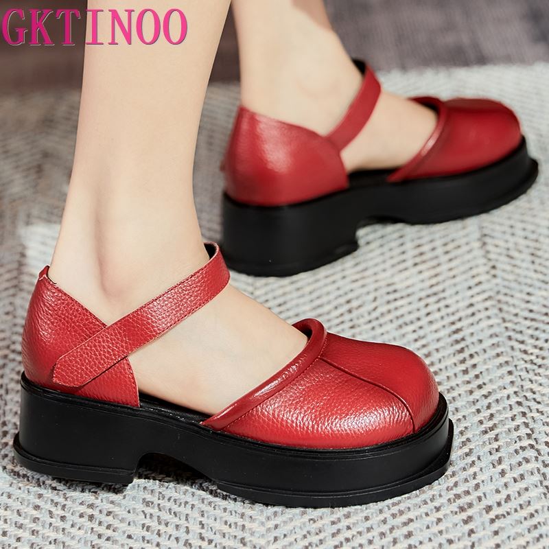Fashion GKTINOO  Platform Sandals Women Hook&Loop Round Toe Genuine Leather Roman Casual Thick Soled Summer Ladies Shoes