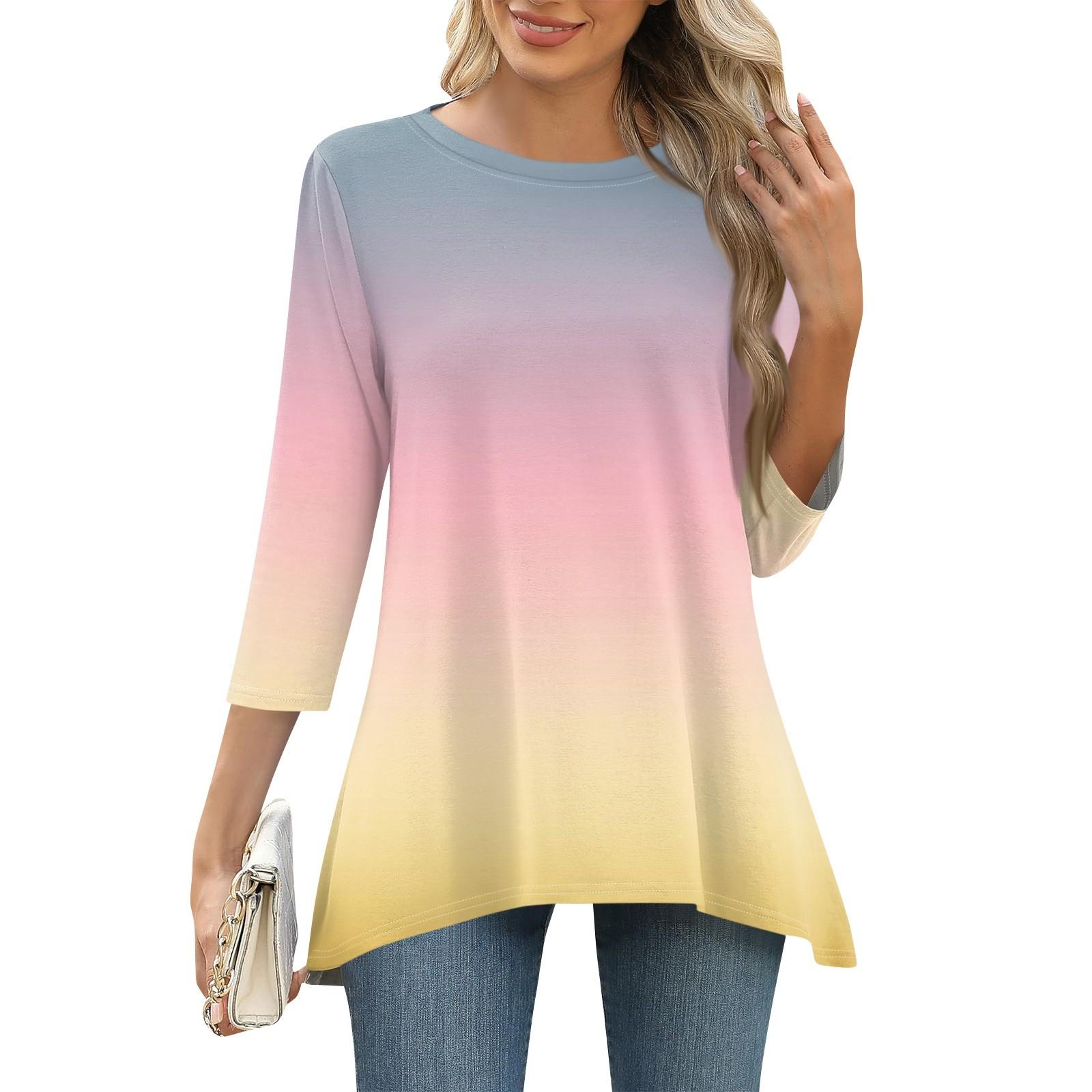 

3/4 рукав туника топы для женщин принтованный повседневный выходной свободный крой модная базовая футболка с круглым вырезом L