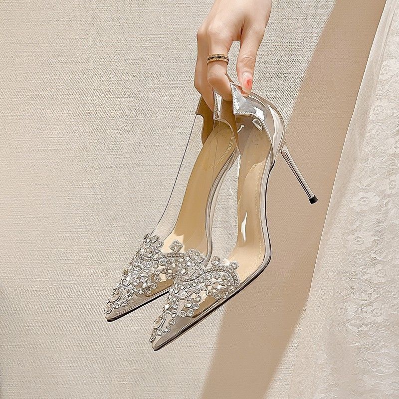 Rhinestone Pointed Toe High Heels Shoes for Women Transparent Woman Pumps Spring Young With Discount Elegant Wedding Bride Shoe