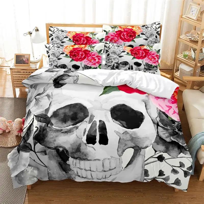 Comforter Gothic Comforter Sets Print Halloween Skull King Black White Decorative 3 Piece Bedding Set With Pillow Shams