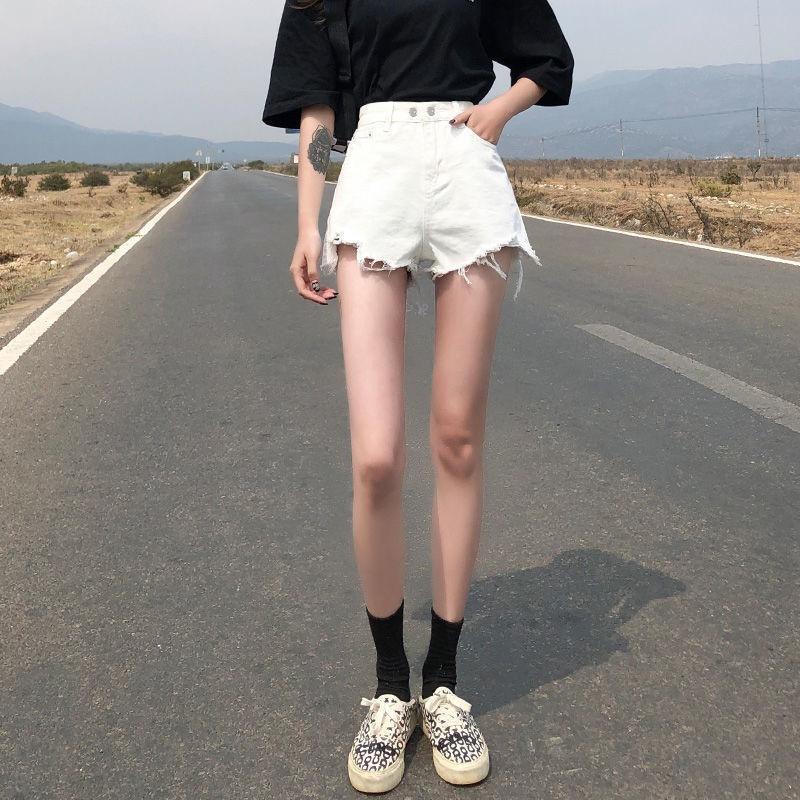Ripped denim shorts summer new straight loose high and thin high waist wide leg jeans women
