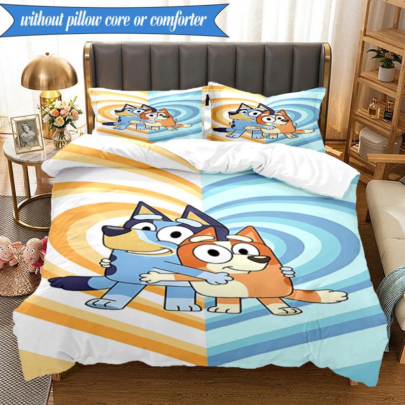 3PCS Bluey Friends Adventure Bedding Set 2D Printing (Includes 1 Duvet Cover + 2 Pillowcases Coreless), Bedroom decor,Fan Gift