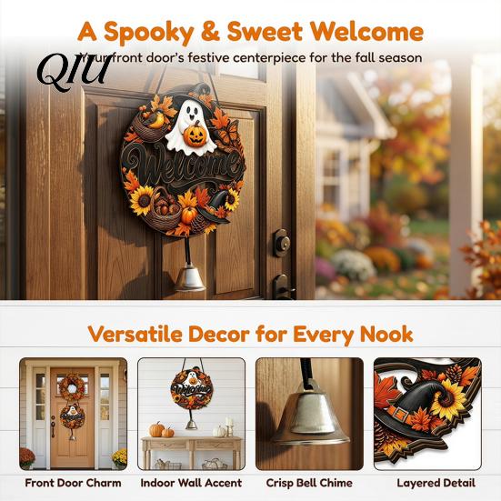 3D Floral Pumpkin Wall Art Halloween Ghost Wooden Welcome Door Hanger Sign, Cute Ornament with Bell Durable Sign for Porch Hanging Rope, Decor Indoor