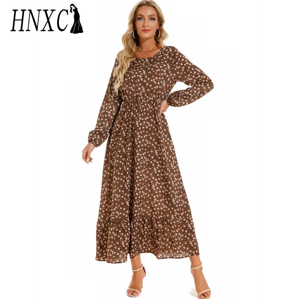 HNXC Spring Summer Bohemian Women Maxi Dress Casual Long Sleeve High Waist Beach Dress Women Floral Chiffon Dresses Vestidoes Mujer New