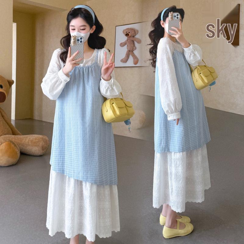 Available Now: 2026 Spring Blue Plaid French Long Sleeve Two-Piece Maternity Dress M