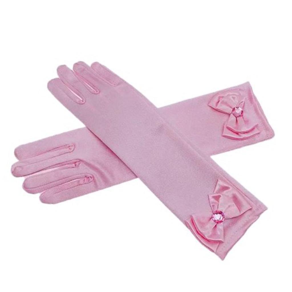 Little Girls Long Princess Gloves Bowknot Trim Long Formal Satin Gloves for Party Pink