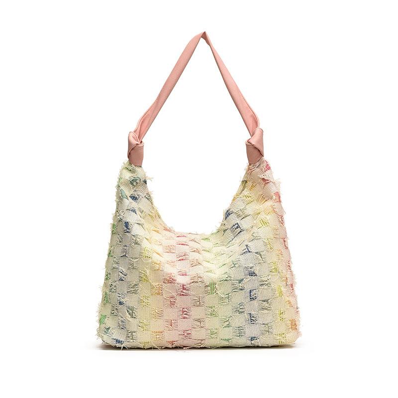 New niche design denim contrasting color plaid tote bag student casual versatile large-capacity shoulder bag