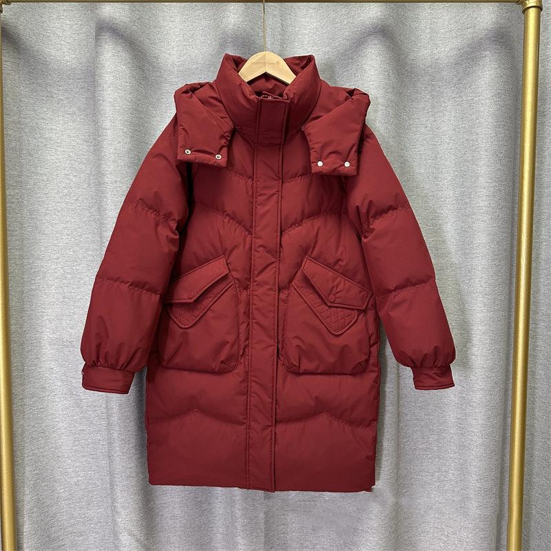 Women's Winter Autumn Thick Hooded White Duck Down Jacket Coat Loose Middle Long Solid Color Big Pocket Detachable Hat Down Coat