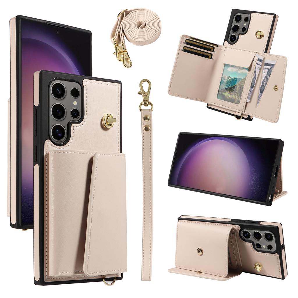 For Samsung Galaxy S24 Ultra Crossbody Phone Case Card Holder Kickstand Leather Coated TPU Mobile Cover