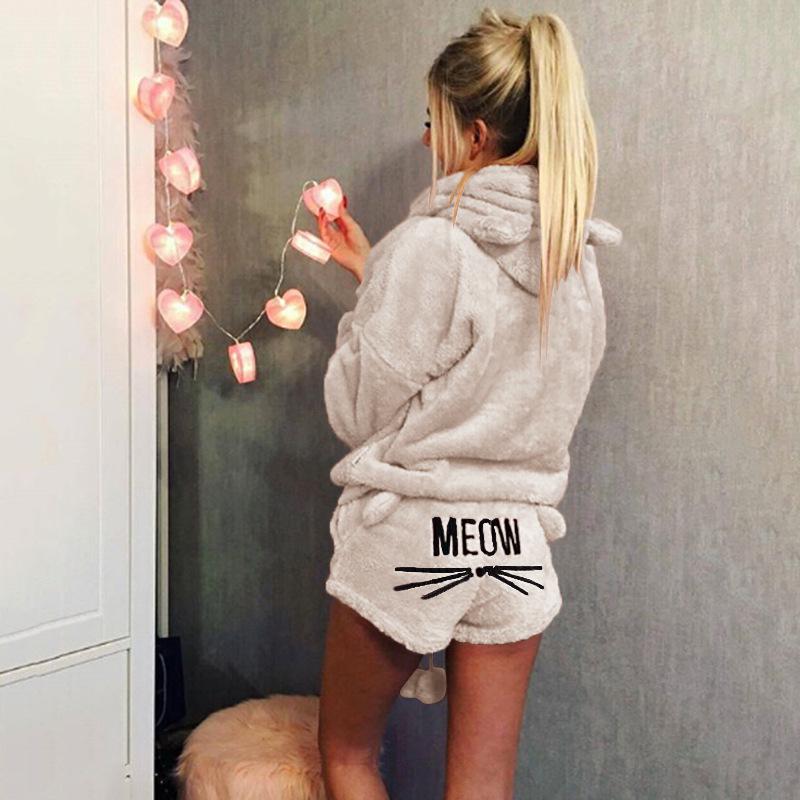 Dámská móda Jednobarevná teplá zimní pyžamová souprava Dvoudílné roztomilé kočičí pyžamo s kapucí Noční oblečení plus size S-5XL