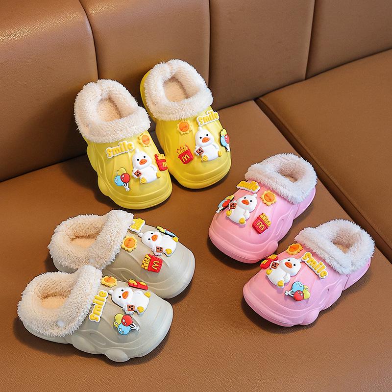 Kids' Waterproof Non-Slip Cotton Slippers, Plush Lined for Warmth, Removable Fur Lining, Perfect for Autumn/Winter Home Use.