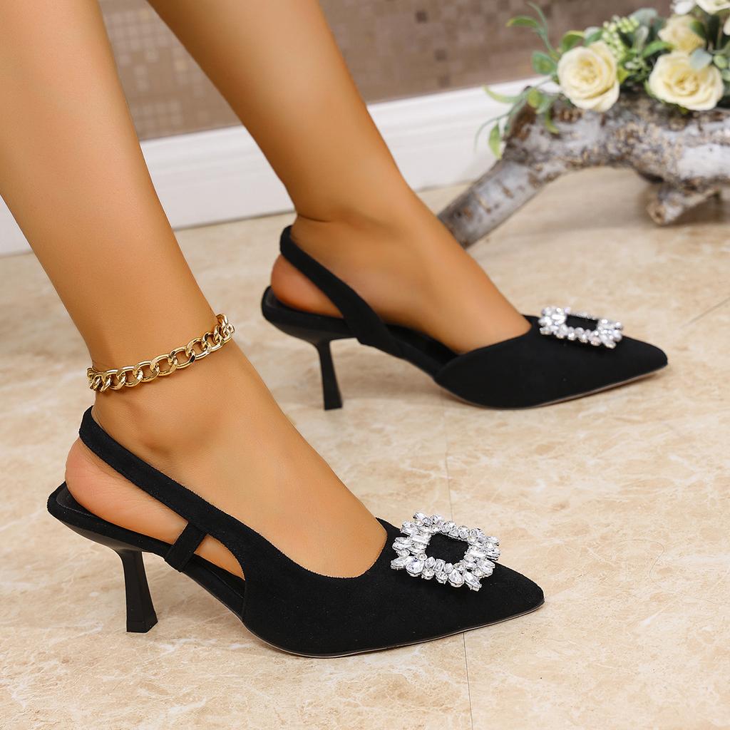 Fashion Women's Heeled Sandals 2025 Summer New Fashionable Pointed Crystal Shoes Temperament Baotou Sandals for Women Sandalias De Mujer