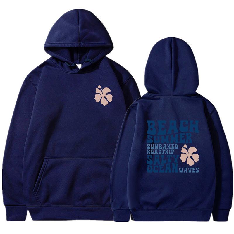 2024 Mode Floral Buchstaben Hoodie Damen Strand Sommer Salzig Ozeanwellen Grafik Kapuzenpullover Locker Langarm Ästhetik Sweatshirts