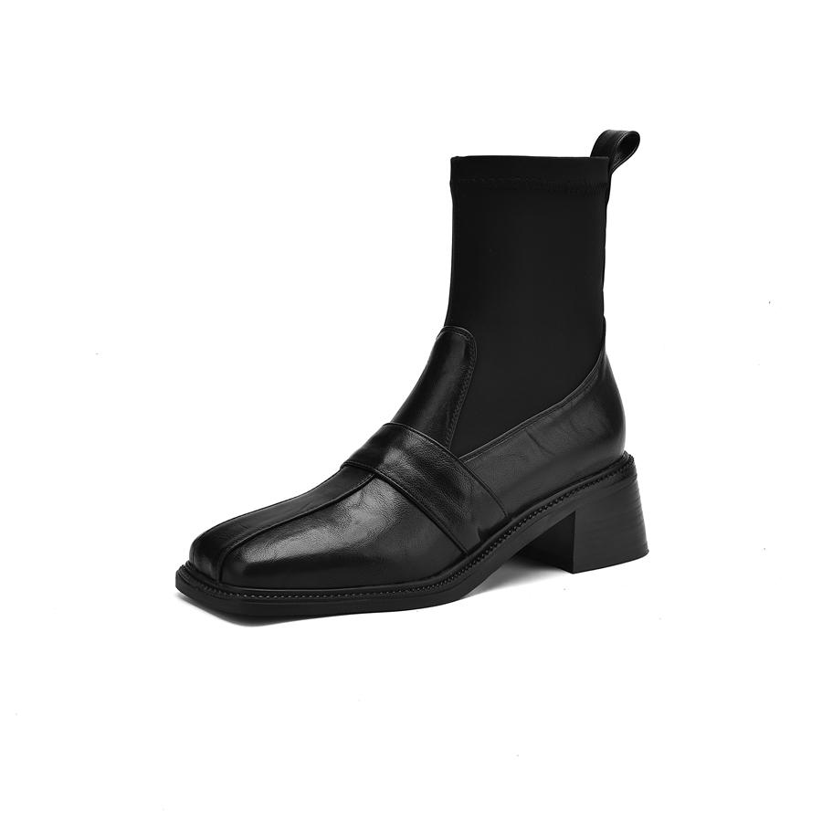 

Большие размеры 40 41 42 43 осень-зима новые женские ботильоны в стиле пэчворк с квадратным носком на высоком каблуке без застежек эластичные носки ботильоны 35