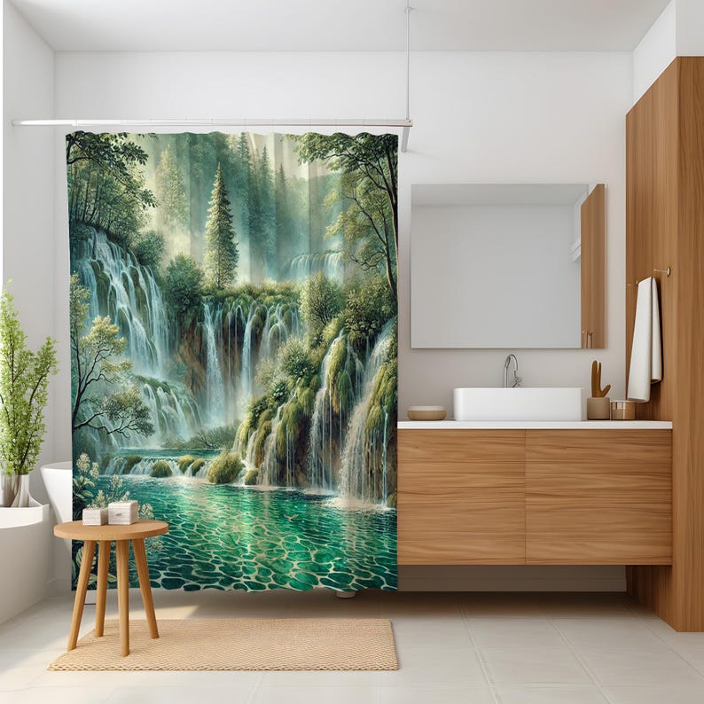 Waterfall Shower Curtain - Serene Nature Decor, Lush Forest Landscape, Scenic River Design, Waterproof Fabric, Tranquil Bath