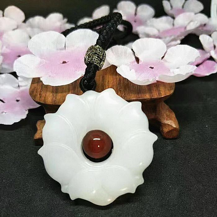 Ethnic Kyanite  White Jade Lotus Pendant Necklace Flower
